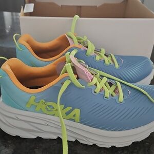 Hoka Unisex Athletic Sneakers - Blue & Pink with Lime Laces Size 6.5